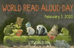 animals reading, logo for world read aloud day